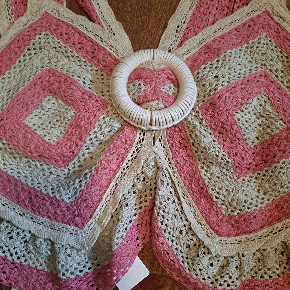 Anthropologie - Let Me Be - Open Back Crochet Tank Top Size Small Pink/Cream - Picture 11 of 16